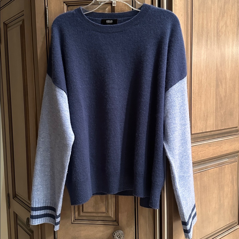 Aqua Navy and light blue cashmere Colorblock Sweater
